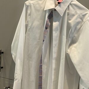 Paul Fredrick Mens White shirt with multi colored hounds tooth Placket and Cuffs